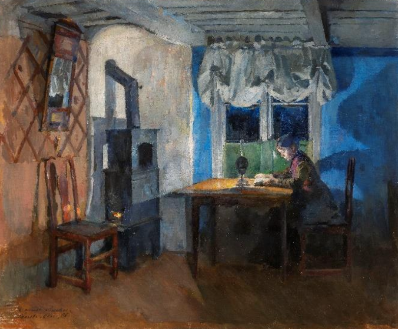 Harriet Backer (1845-1932)À la lumière de la lampe [Lekselesing ved lampelys] 1890 Huile sur toile, 64,7 × 66,5 cm Bergen, Kode Bergen Art Museum © Kode / Dag Fosse